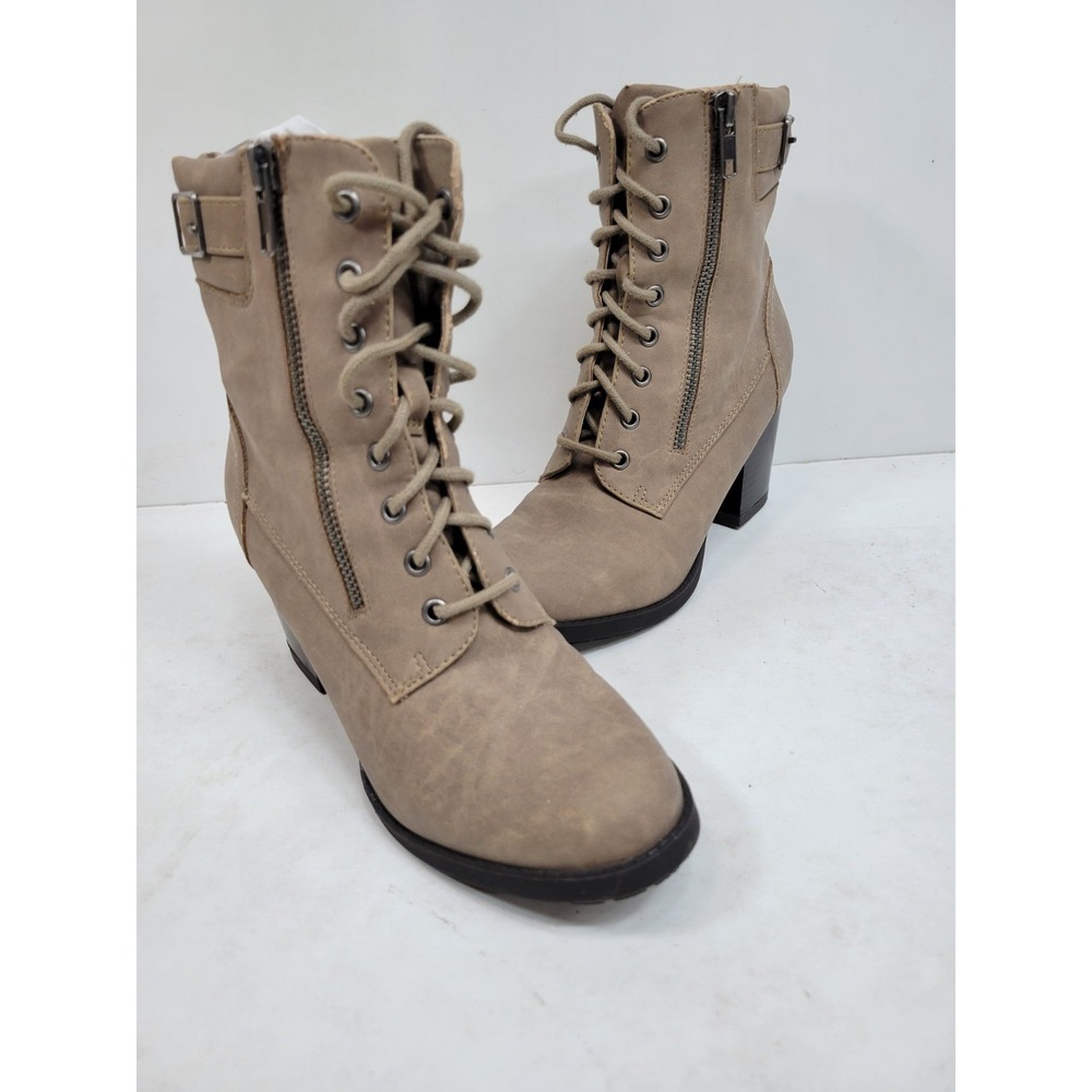 Winnie Women's Lace Up Combat Ankle Boots Beige Block Heel Side Zip Size 6